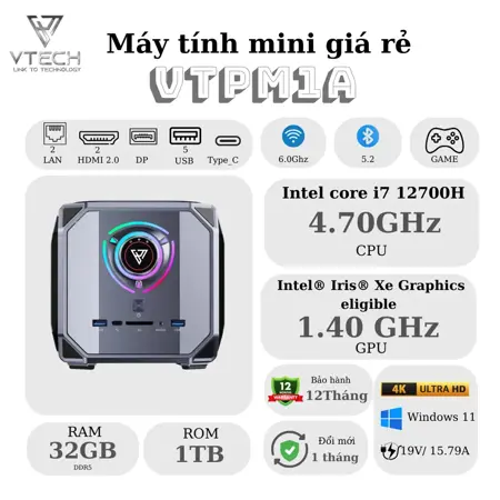 Mini PC VTECH VTPM1A Intel® Core™ i7-12700H | 32GB+1TB