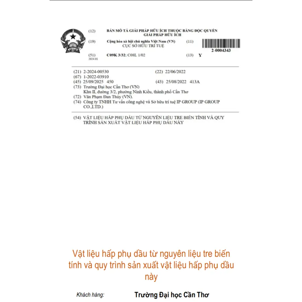 Vật liệu hấp phụ dầu từ nguyên liệu tre biến tính và quy trình sản xuất vật liệu hấp phụ dầu này