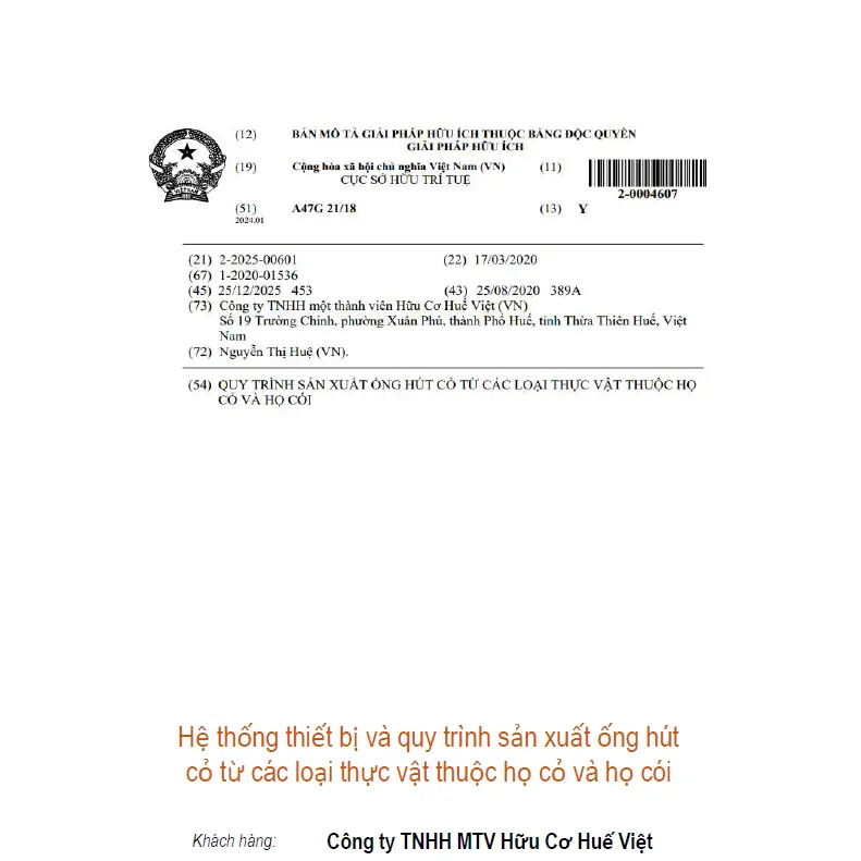 Hệ thống thiết bị và quy trình sản xuất ống hút cỏ từ các loại thực vật thuộc họ cỏ và họ cói