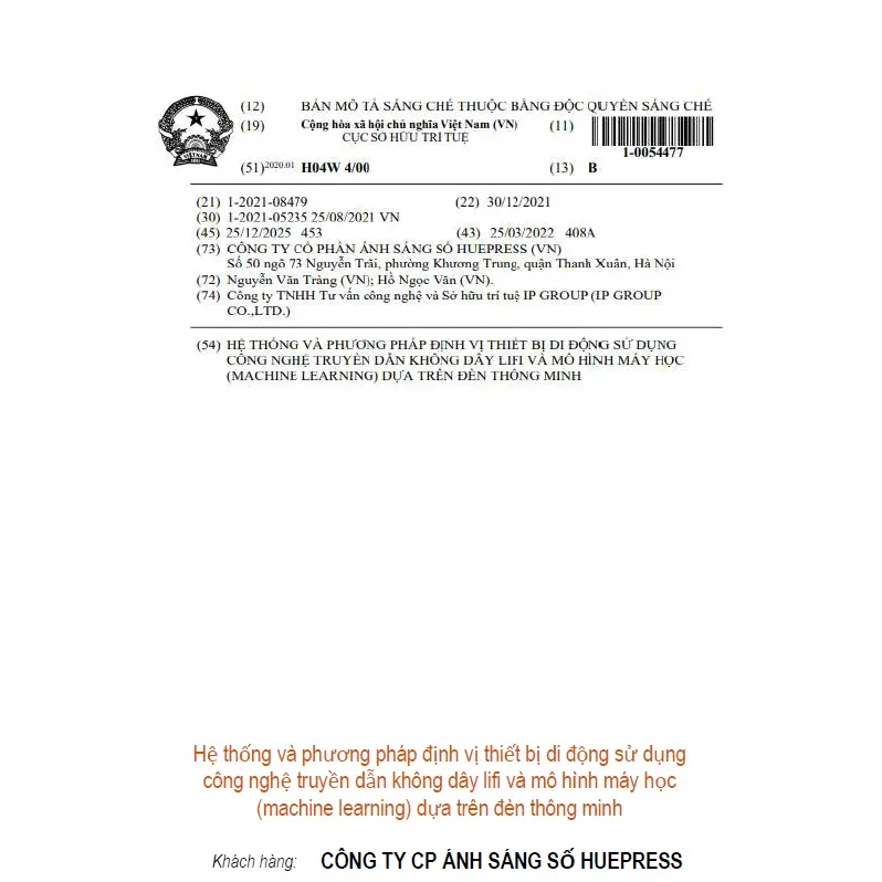 Hệ thống và phương pháp định vị thiết bị di động sử dụng công nghệ truyền dẫn không dây lifi và mô hình máy học (machine learning) dựa trên đèn thông minh