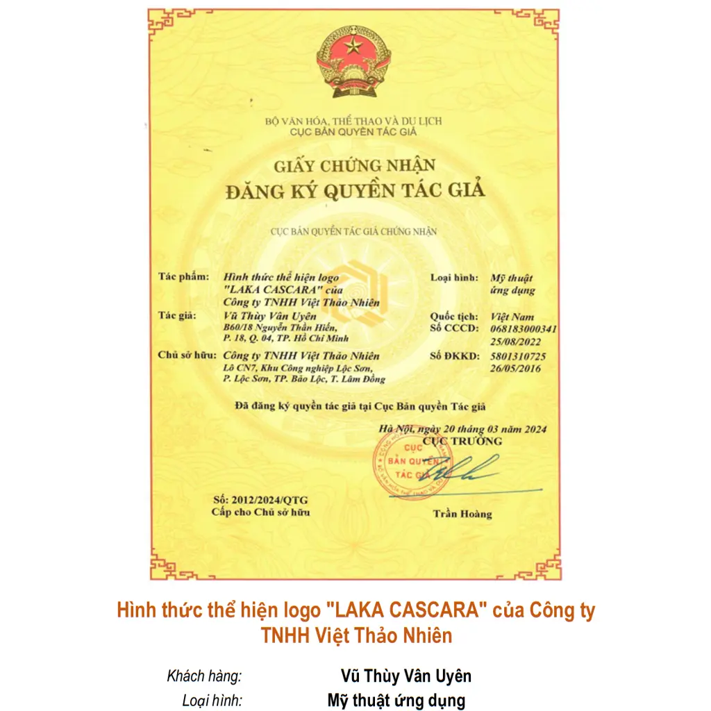 Hình thức thể hiện logo "LAKA CASCARA" của Công ty TNHH Việt Thảo Nhiên