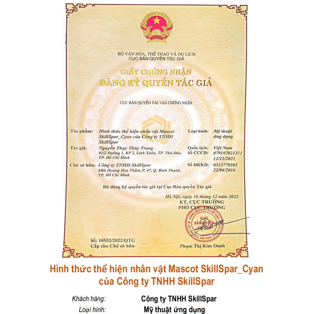 Hình thức thể hiện nhân vật Mascot SkillSpar_Cyan của Công ty TNHH SkillSpar