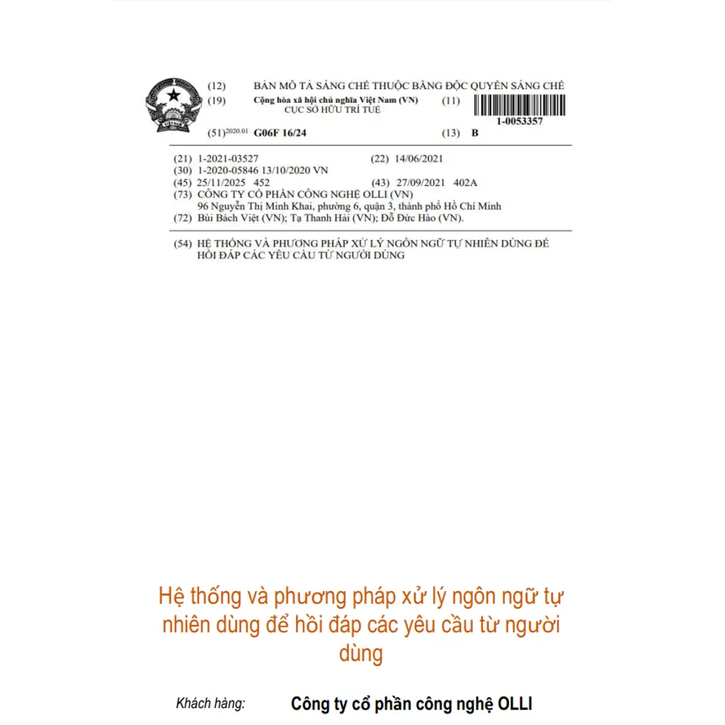 Hệ thống và phương pháp xử lý ngôn ngữ tự nhiên dùng để hồi đáp các yêu cầu từ người dùng