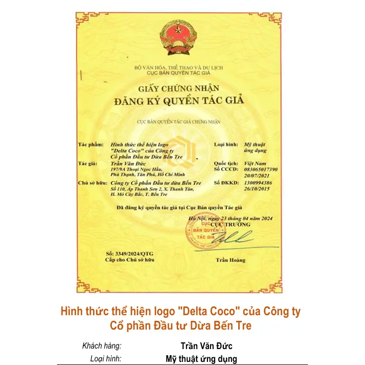 Hình thức thể hiện logo "Delta Coco" của Công ty Cổ phần Đầu tư Dừa Bến Tre