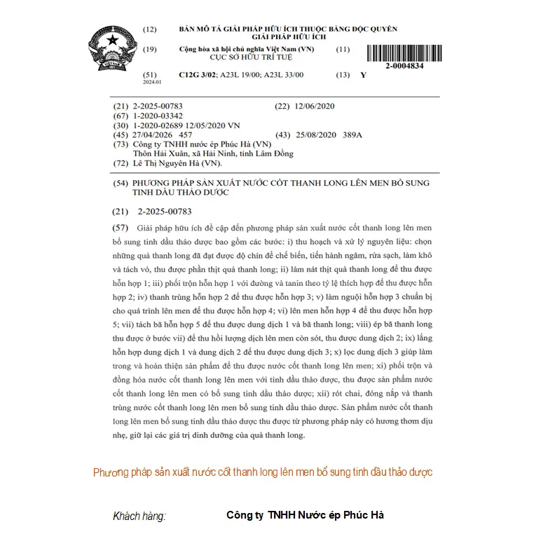 Phương pháp sản xuất nước cốt thanh long lên men bổ sung tinh dầu thảo dược