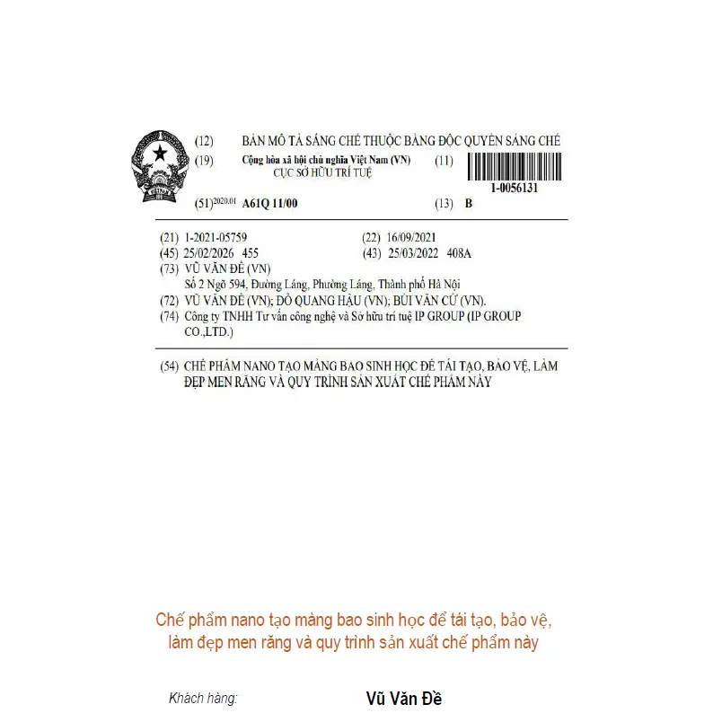 Chế phẩm nano tạo màng bao sinh học để tái tạo, bảo vệ, làm đẹp men răng và quy trình sản xuất chế phẩm này