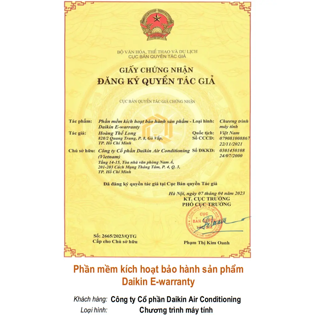 Phần mềm kích hoạt bảo hành sản phẩm Daikin E-warranty