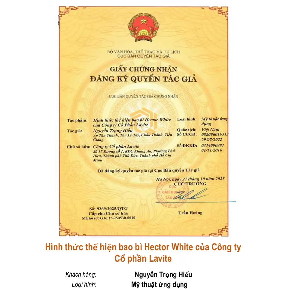 Hình thức thể hiện bao bì Hector White của Công ty Cổ phần Lavite